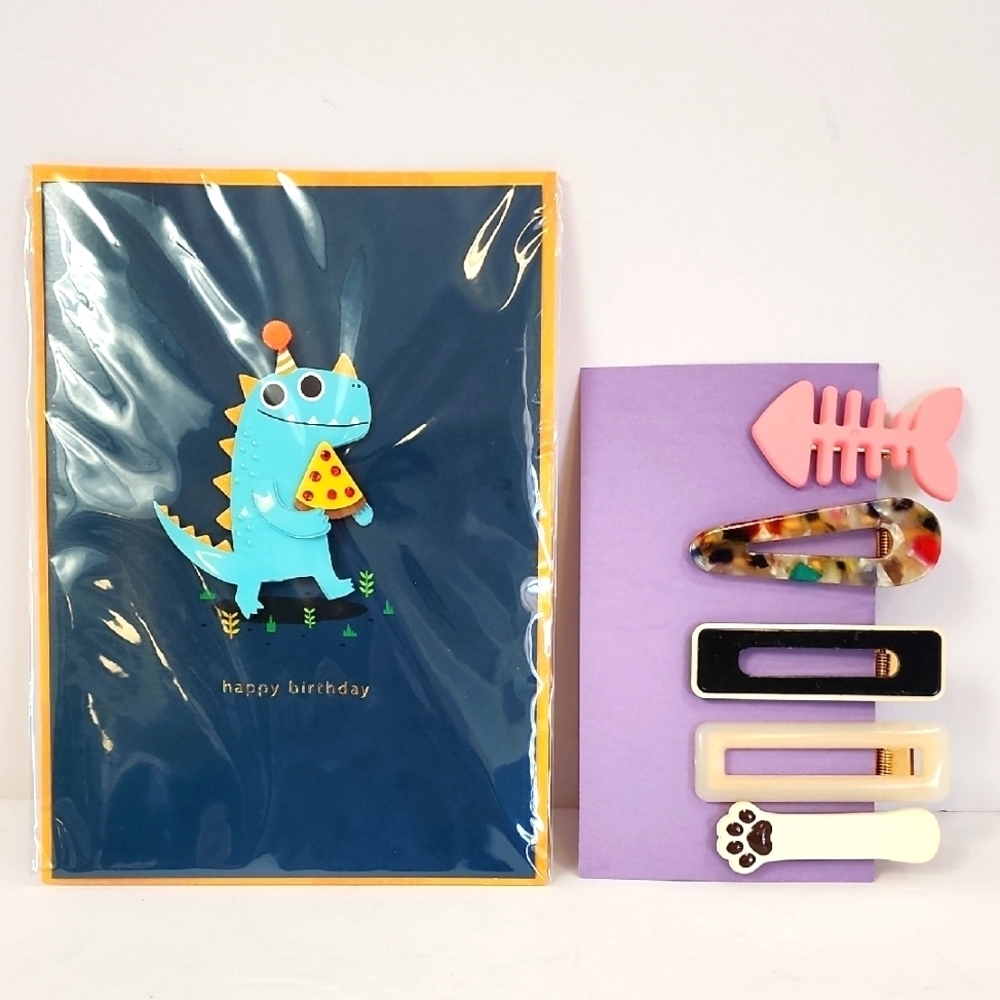 Dinosaur Birthday Card + Set of 5x (five) Hair Clips Burgoyne KJS Industries